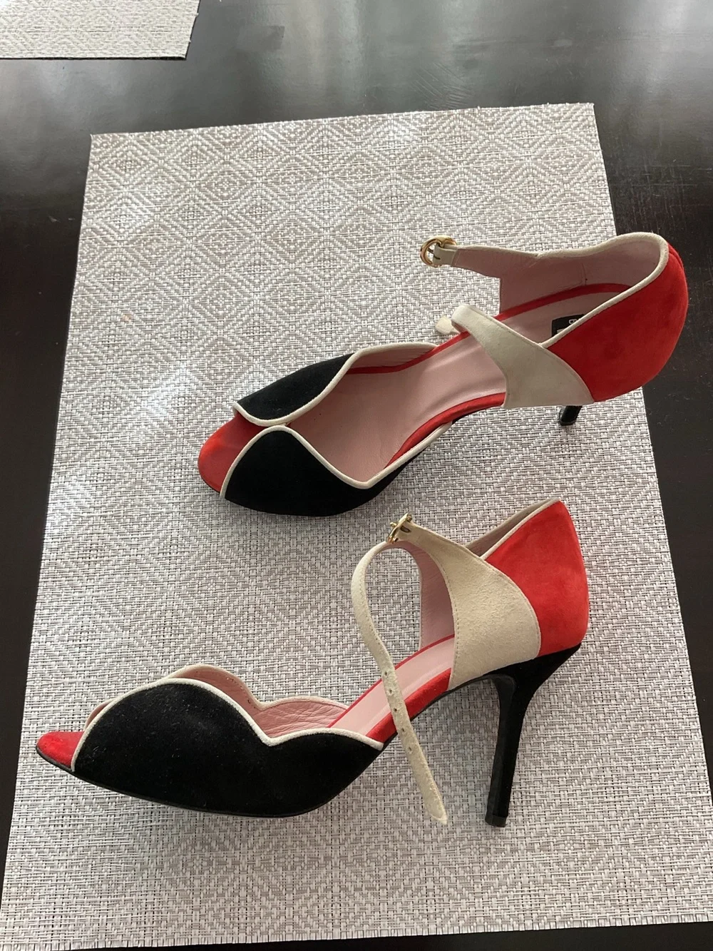 Moschino Colorblock Suede Ankle-Strap Heels in Red, Black & Cream